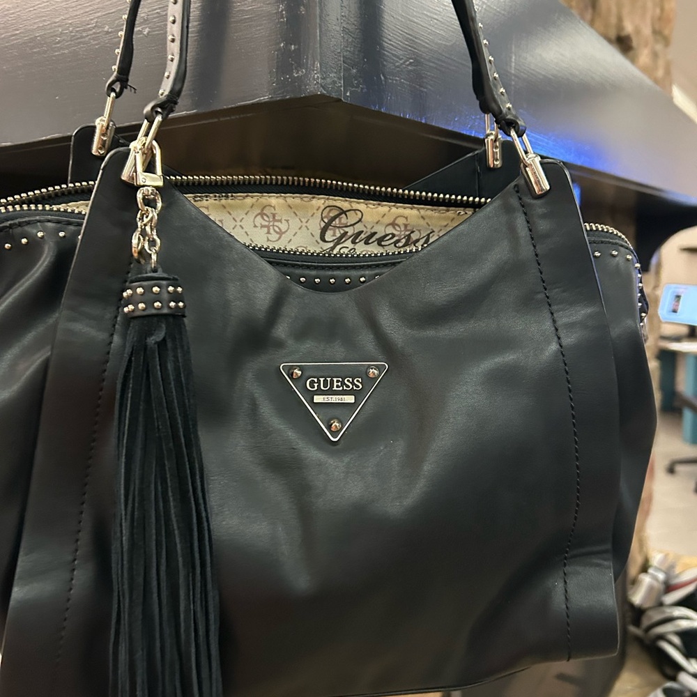 Guess Black Shoulder Bag with Tassel and Gold Hardware